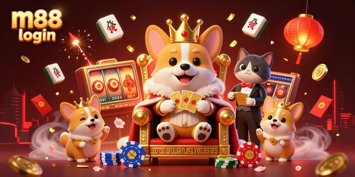 Bet big on m88 login with a royal corgi king, celebrating casino games and thrilling wins.