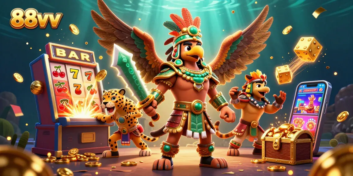 Experience the thrill of 88vv with the Aztec warrior in this vibrant casino scene.