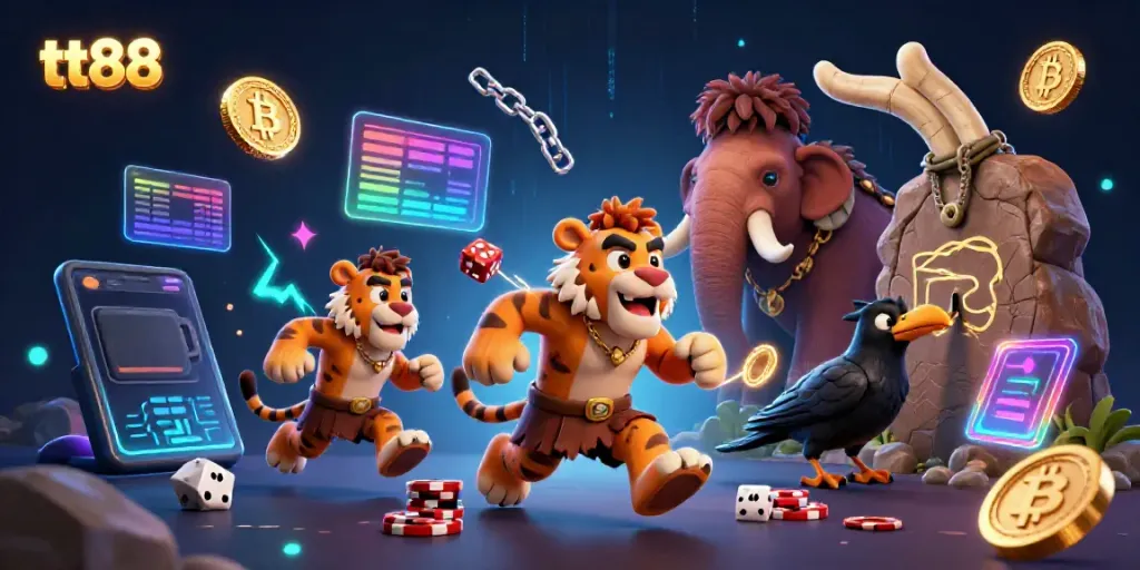 Experience vibrant tt88 casino action with a 3D caveman and sabertooth duo surrounded by crypto elements.