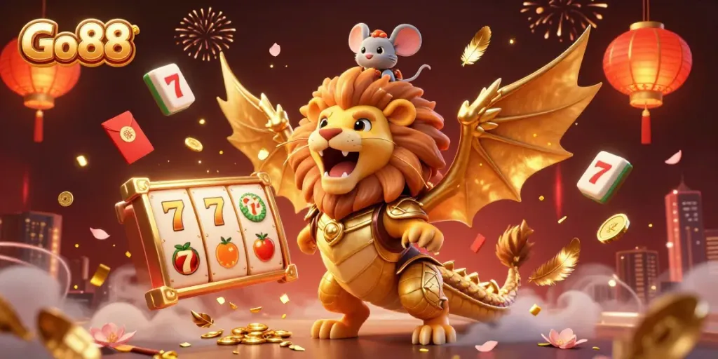 Engage with the thrilling atmosphere of Go 88 as a golden chimera triumphs, surrounded by exciting gaming symbols.