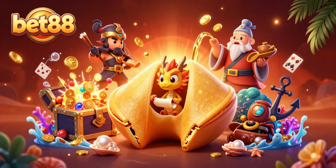 Bet88 showcases excitement with a giant fortune cookie, dragon, and vibrant casino elements in a rich scene.