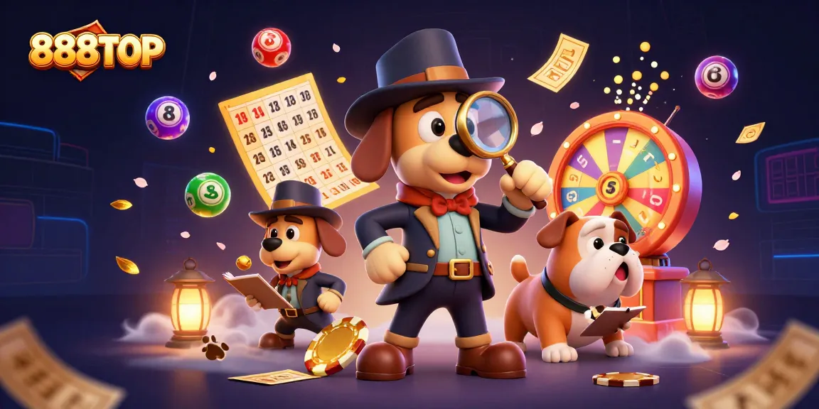 Engage in thrilling games at 888TOP as a detective uncovers hidden treasure clues among rich casino elements.