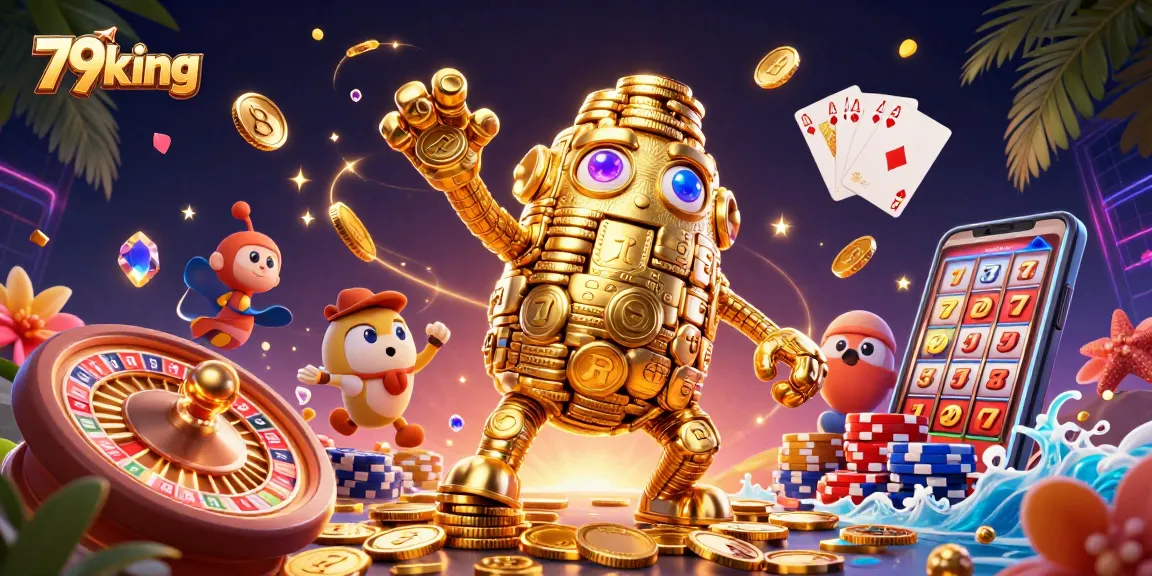 Experience the thrill of the 79king casino with a golden golem and shimmering coins.