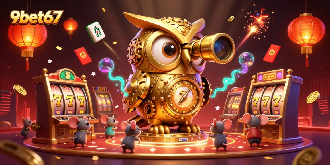 Experience thrilling action at 9bet67 with a vibrant casino scene featuring a clockwork owl and slot machines.