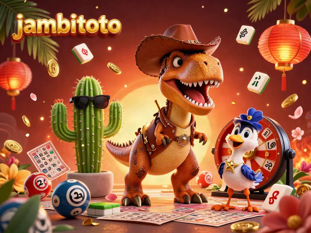 Experience the excitement of jambitoto with a vibrant 3D illustration showcasing a cowboy dinosaur, lottery elements, and festive decorations.