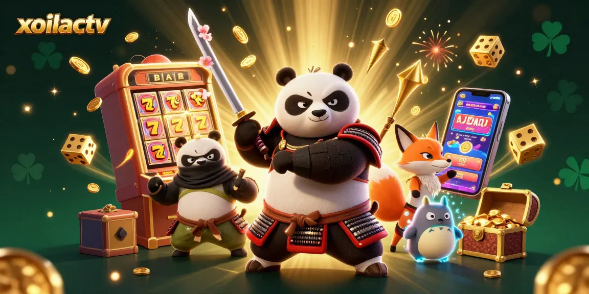 Xoilactv offers an exciting gambling scene with a samurai panda, ninja fox, and energetic tanuki surrounded by vibrant casino elements.