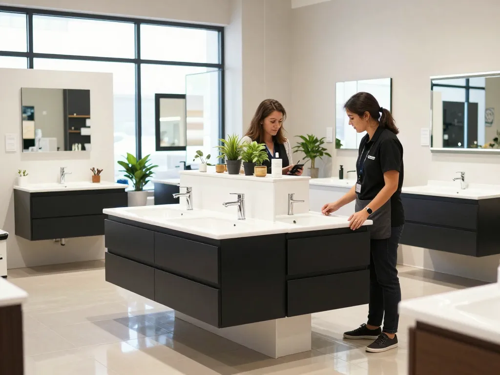 Verken de stijlvolle presentatie van badkamermeubel outlet opties met hoogwaardig badkamermeubilair in een moderne showroom.