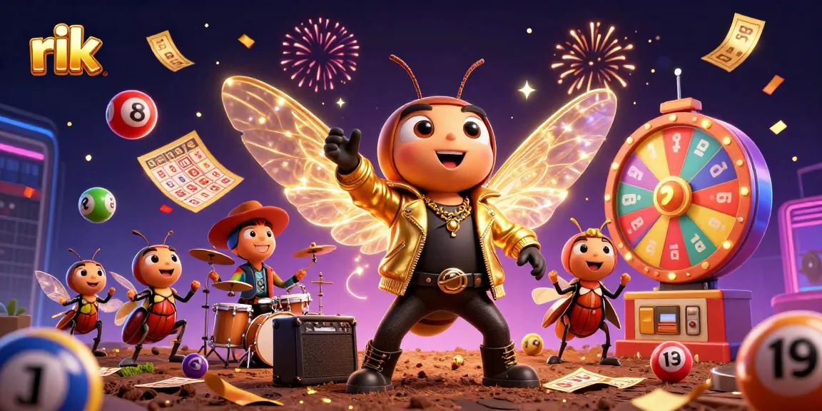 rik lottery scene showcasing a cicada rock star with vibrant elements, lively and fun atmosphere