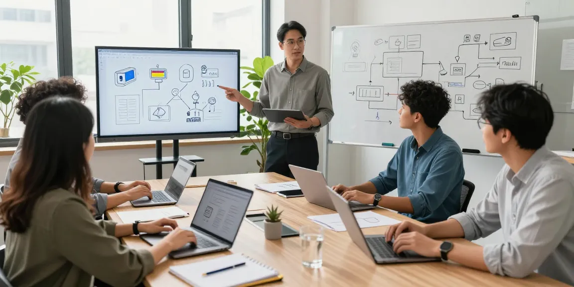Team collaborating to build internal tools with AI in a bright office, showcasing teamwork and innovation.