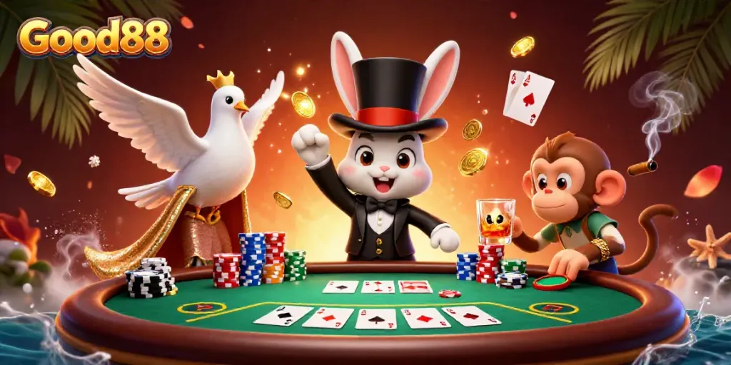 Experience the excitement of Good88 with a magician rabbit, doves, and chips in a bustling casino scene.