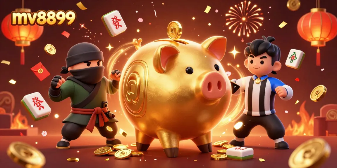 Exciting mv8899 casino scene featuring a sumo wrestler and ninja amidst festive elements.