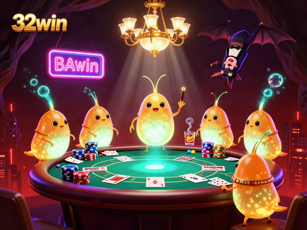 32win showcases a vibrant cave casino with glowing characters lighting the game, engaging players in action.