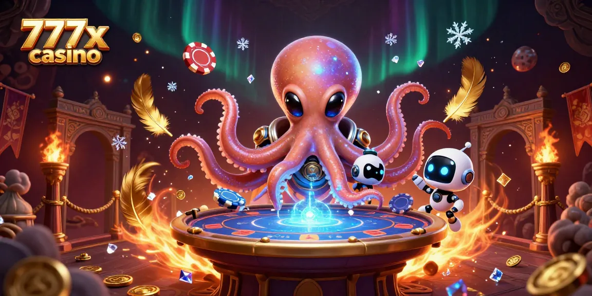 Experience the thrill of 777x casino with alien octopus at a holographic poker table, surrounded by vibrant casino elements.