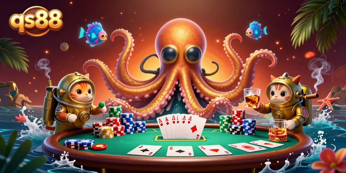 Engage in thrilling games at qs88 with a colossal kraken, diving cat, and poker elements!