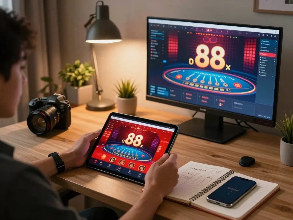 Engaged player using red88 casino app on a tablet in a stylish home office