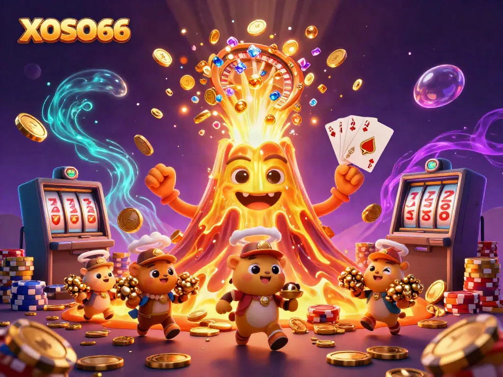 XOSO66 offers a thrilling experience with a golden volcano erupting coins and gems, capturing the excitement of casino gaming.