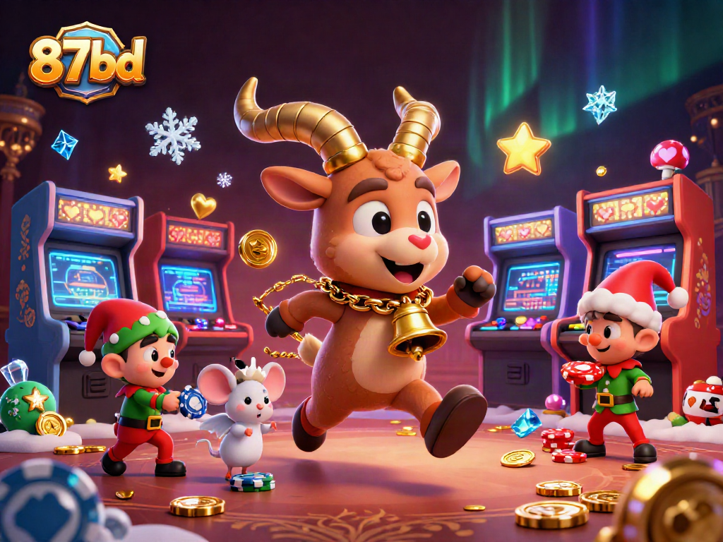 Engage with 87bd in a lively casino scene featuring festive characters and gaming excitement.