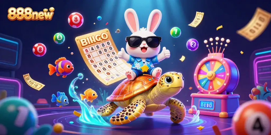 Experience the thrill of winning with 888new as a lucky rabbit rides a golden turtle amidst colorful gaming elements.