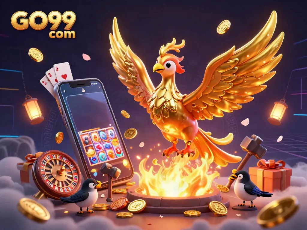 Engage in thrilling gameplay at GO99 com with a striking golden phoenix symbolizing fortune and success.