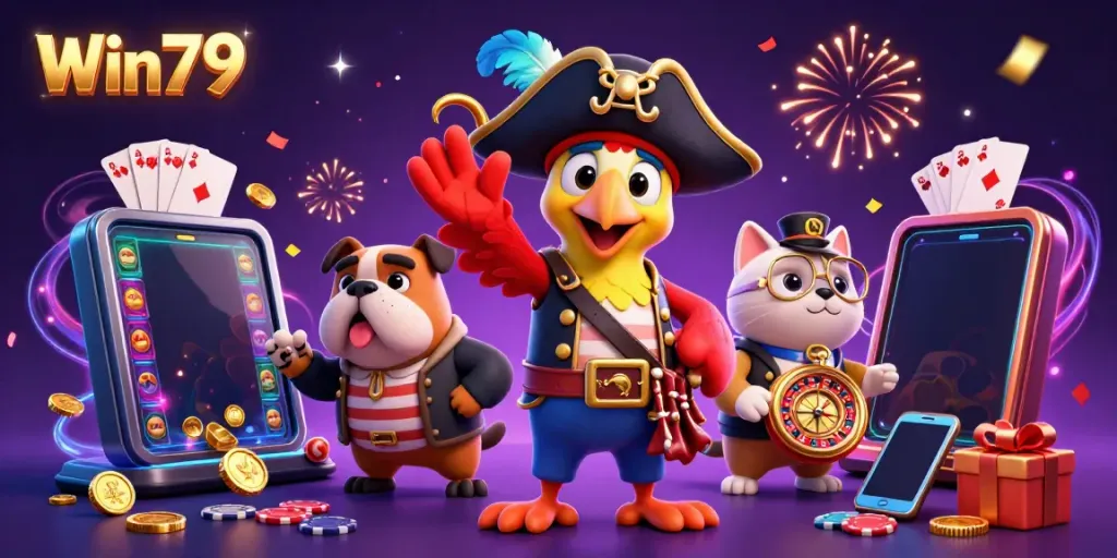 Play and win at Win79 with colorful slot games in a vibrant carnival setting featuring entertaining characters.