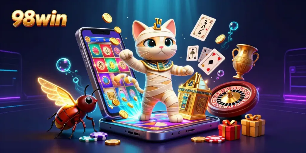 Experience excitement with 98win as an Egyptian mummy cat competes in a vibrant casino scene.