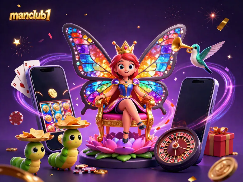 Experience exciting gameplay with manclub1, featuring jackpot spins and vibrant casino elements in a lavish 3D illustration.