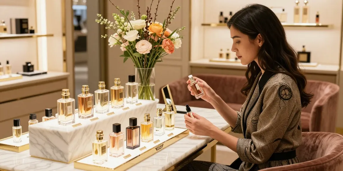 Een stijlvolle vrouw die exclusieve parfums bewondert in een luxe geurenshop, met een elegante geurflacon in de hand.