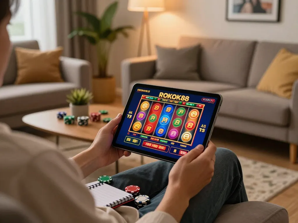 Pemain yang terlibat menikmati permainan slot ROKOK88 di tablet dalam pengaturan rumah yang nyaman, menampilkan tindakan permainan strategis.
