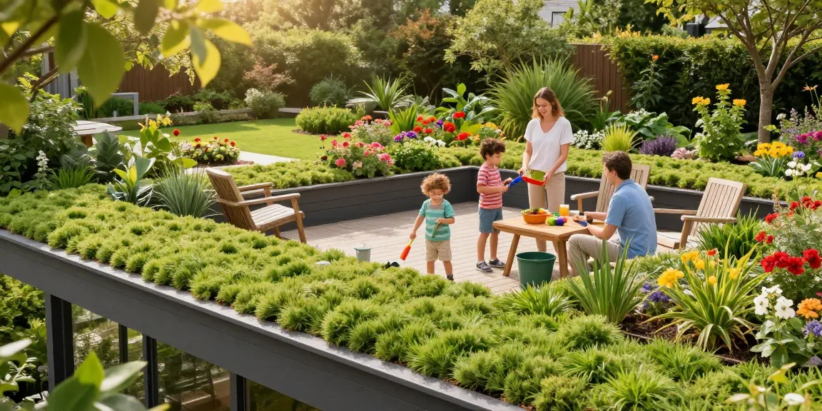Gezin geniet van een weelderige groen dak overkapping in een levendige tuin, die biodiversiteit en schoonheid toont.