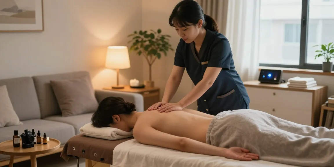 Enjoying a 강북출장마사지 in a calming home atmosphere with a professional therapist.