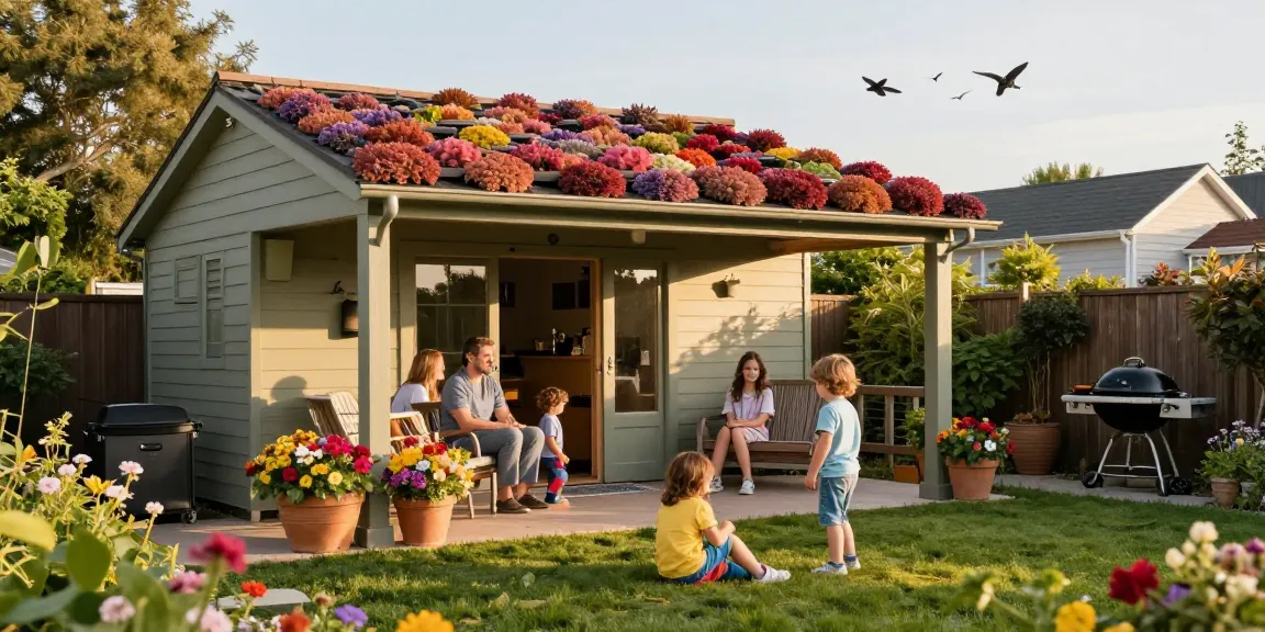 Vibrante groen dak overkapping in een zonnige tuin met een familie die geniet van een ontspannen middag.