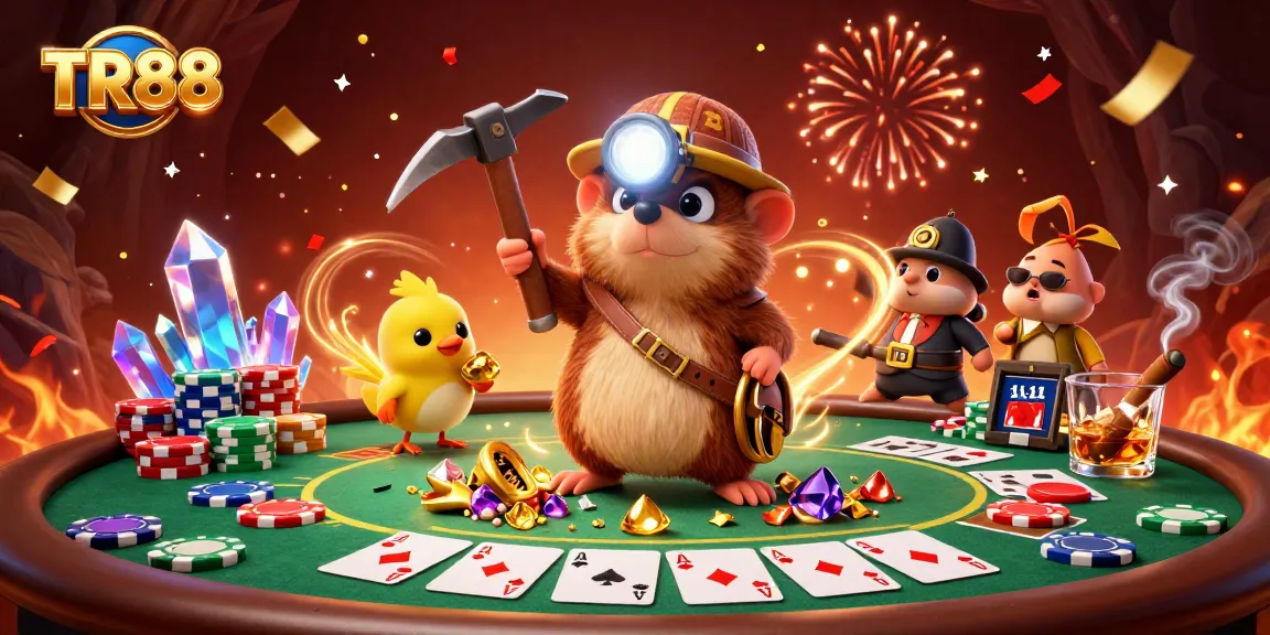Win big at TR88 Casino, featuring a treasure hunter mole and poker elements in an energetic scene.