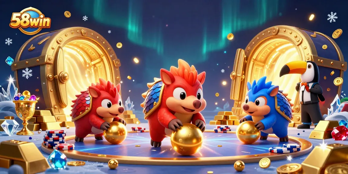 Engaging 58win casino experience featuring rival pangolins competing for golden treasures amid poker chips.
