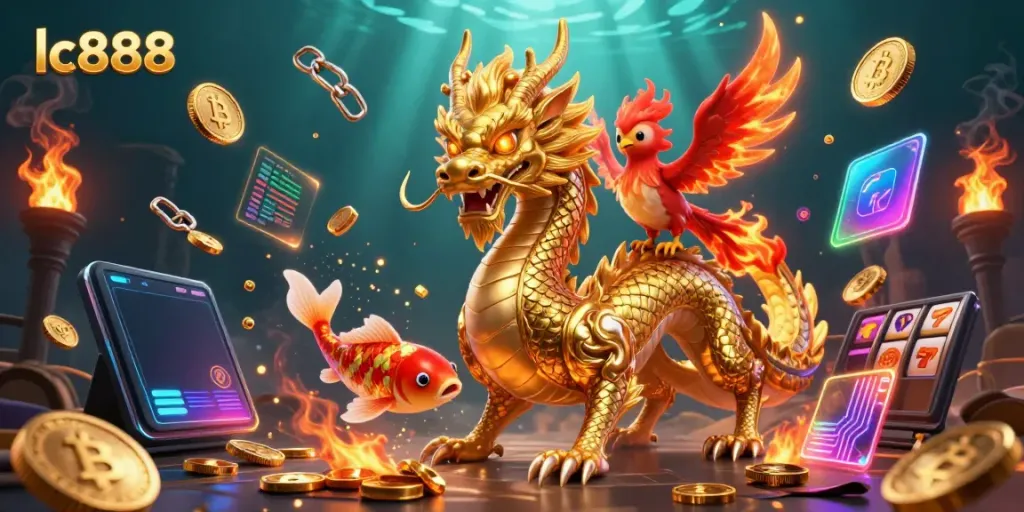 Engage in thrilling gameplay with lc888, featuring a golden dragon, phoenix, and koi amidst vibrant casino elements.