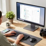 Professional workspace with tech gadgets for productivity, featuring a woman at a standing desk surrounded by modern accessories, plants, and natural light.