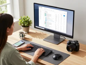 Professional workspace with tech gadgets for productivity, featuring a woman at a standing desk surrounded by modern accessories, plants, and natural light.