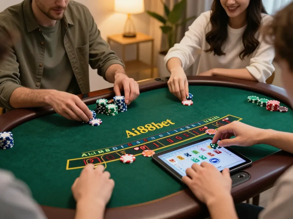 Play blackjack online with AI88Bet, showcasing strategic betting at home.