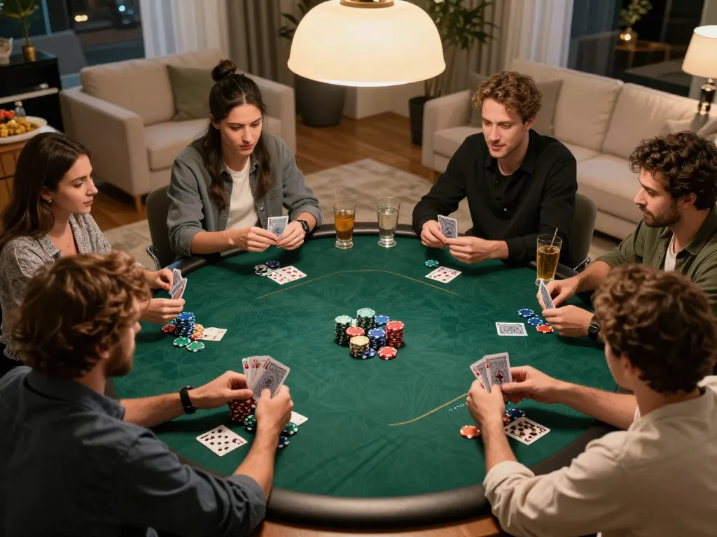 Players engaged in an exciting poker game at home, showcasing strategy and fun in a 789win casino atmosphere.