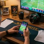 uk88 sports betting scene with a player engaging in live odds on smartphone, home office setting.