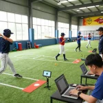 Hit club baseball training scene with young athletes practicing hitting techniques and analyzing performance data.