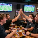 Experience the thrill of betting at jus77 during an exciting sports event at a lively bar.