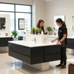 Verken de stijlvolle presentatie van badkamermeubel outlet opties met hoogwaardig badkamermeubilair in een moderne showroom.