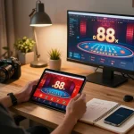 Engaged player using red88 casino app on a tablet in a stylish home office