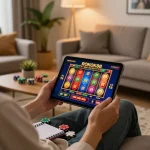 Pemain yang terlibat menikmati permainan slot ROKOK88 di tablet dalam pengaturan rumah yang nyaman, menampilkan tindakan permainan strategis.