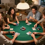 Friends enjoying an engaging poker game night, showcasing strategic moments and camaraderie at a cozy home setting with uk88in app on table.