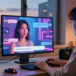 Interactive AI nsfw chat scene with personalized character visuals, warm ambient lighting.