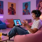 Person engaging in lively chat with a virtual 18+ ai character in a cozy digital lounge setting.