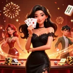 Erleben Sie die Aufregung des Paysafe Card Casinos mit einem glamourösen Spieler in einem eleganten Casino-Setting, der Asse inmitten dynamischer Spielelemente hält.