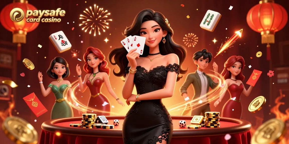 Erleben Sie die Aufregung des Paysafe Card Casinos mit einem glamourösen Spieler in einem eleganten Casino-Setting, der Asse inmitten dynamischer Spielelemente hält.