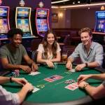 Friends enjoying an exciting poker game at an online casino scene featuring MM88, showcasing vibrant atmosphere and social engagement.